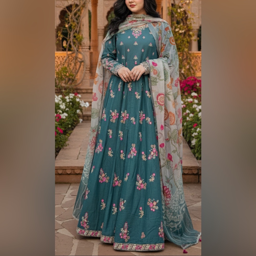 Pakistani Floral Embroidered Maxi Dress - Size XS (Fits Like Small)